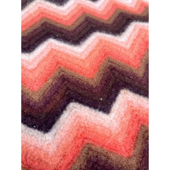 Vintage Chevron Wool Small Crochet Afghan Lapghan Orange Brown Retro - Picture 9 of 13